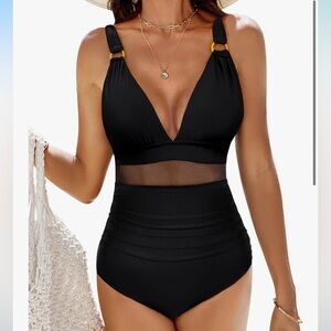 NWT Black Mesh Swimsuit Deep V Swimsuit Black One Piece